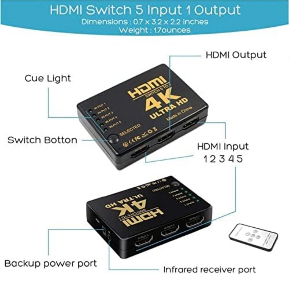 ILOVA 4K HDMI Switch 5 Port Video Switcher Supports 3D Full 1080P Ultra HD HDMI - Picture 3 of 9